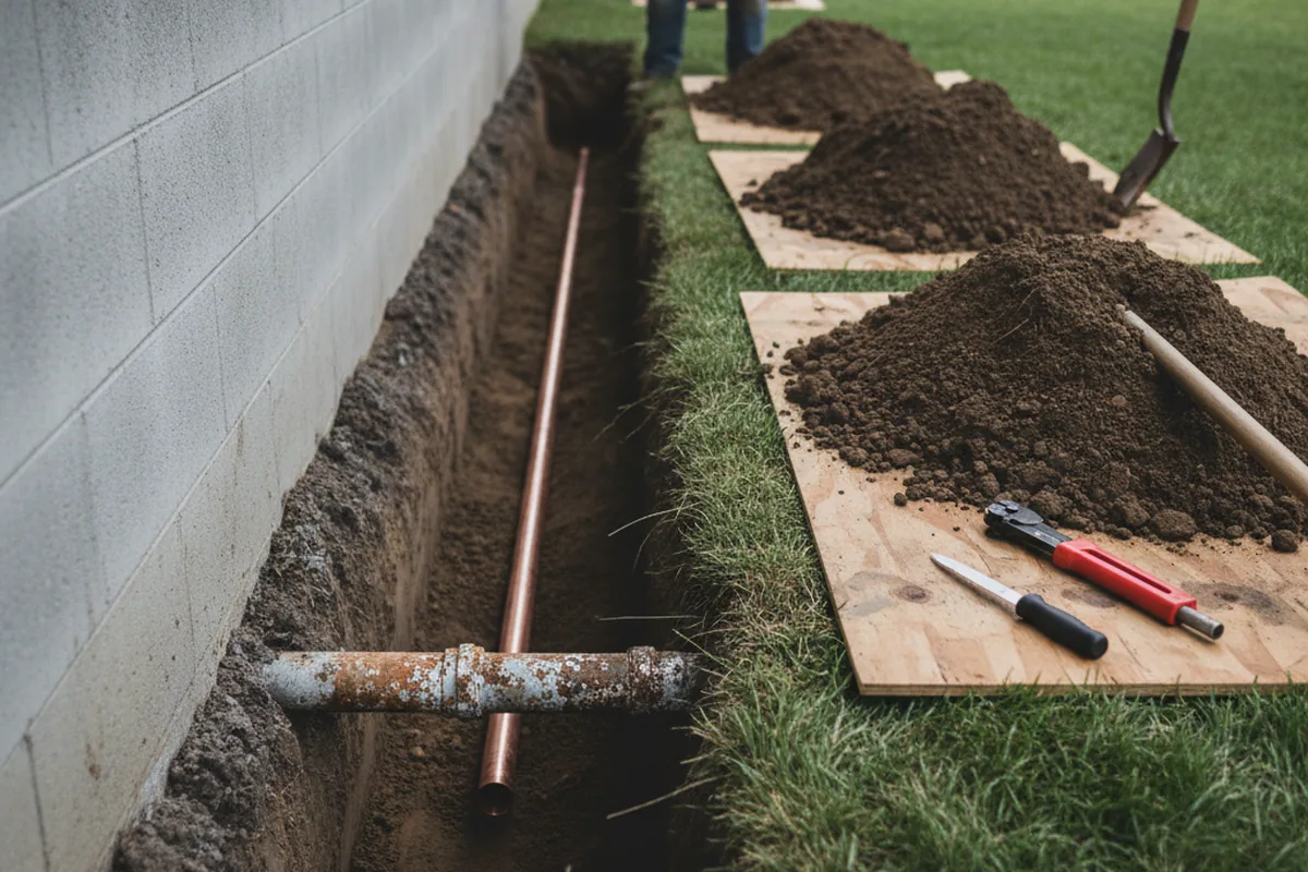 Excavated water line trench during Water Softener Installation in Waretown